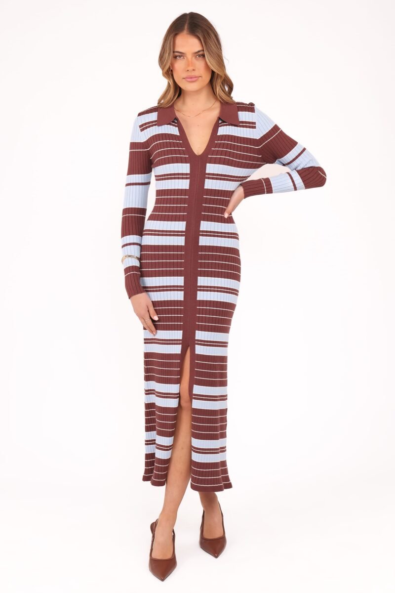 Eliana Long Sleeve Midi Dress - Brown Blue Stripe — view 1