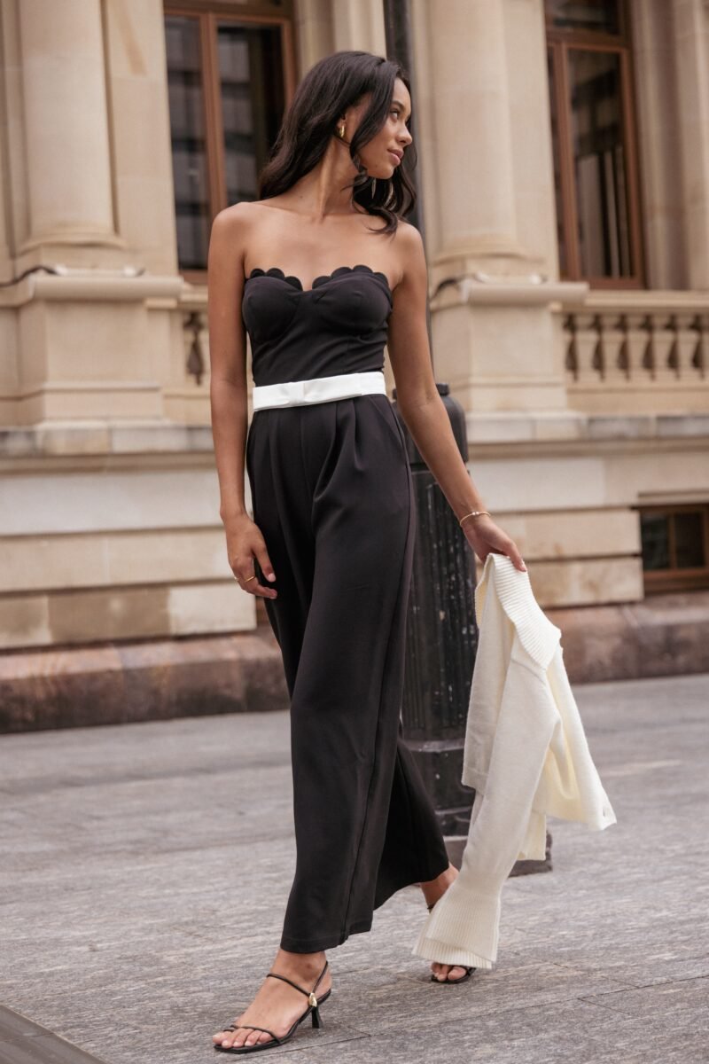 Elaria Scalloped Belted Jumpsuit - Black — view 1