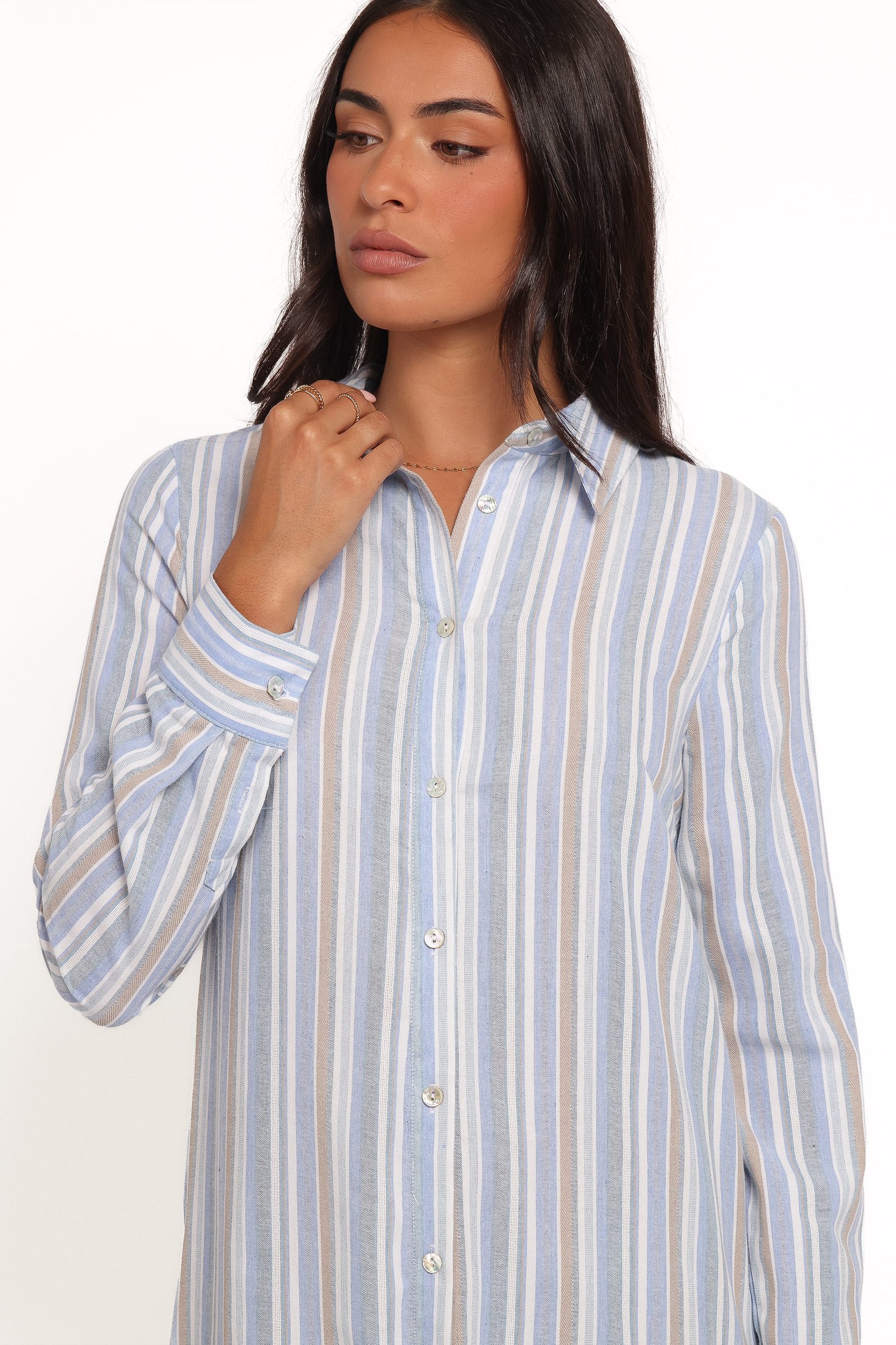 Caprice Long Sleeve Button Down Maxi Dress - Blue Stripe — view 2