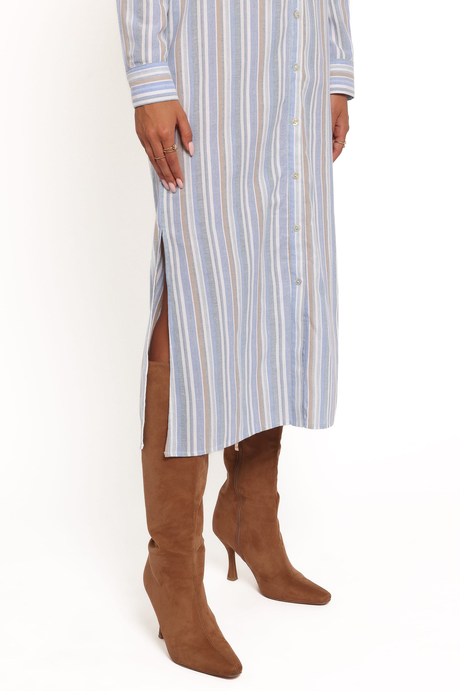 Caprice Long Sleeve Button Down Maxi Dress - Blue Stripe — view 5