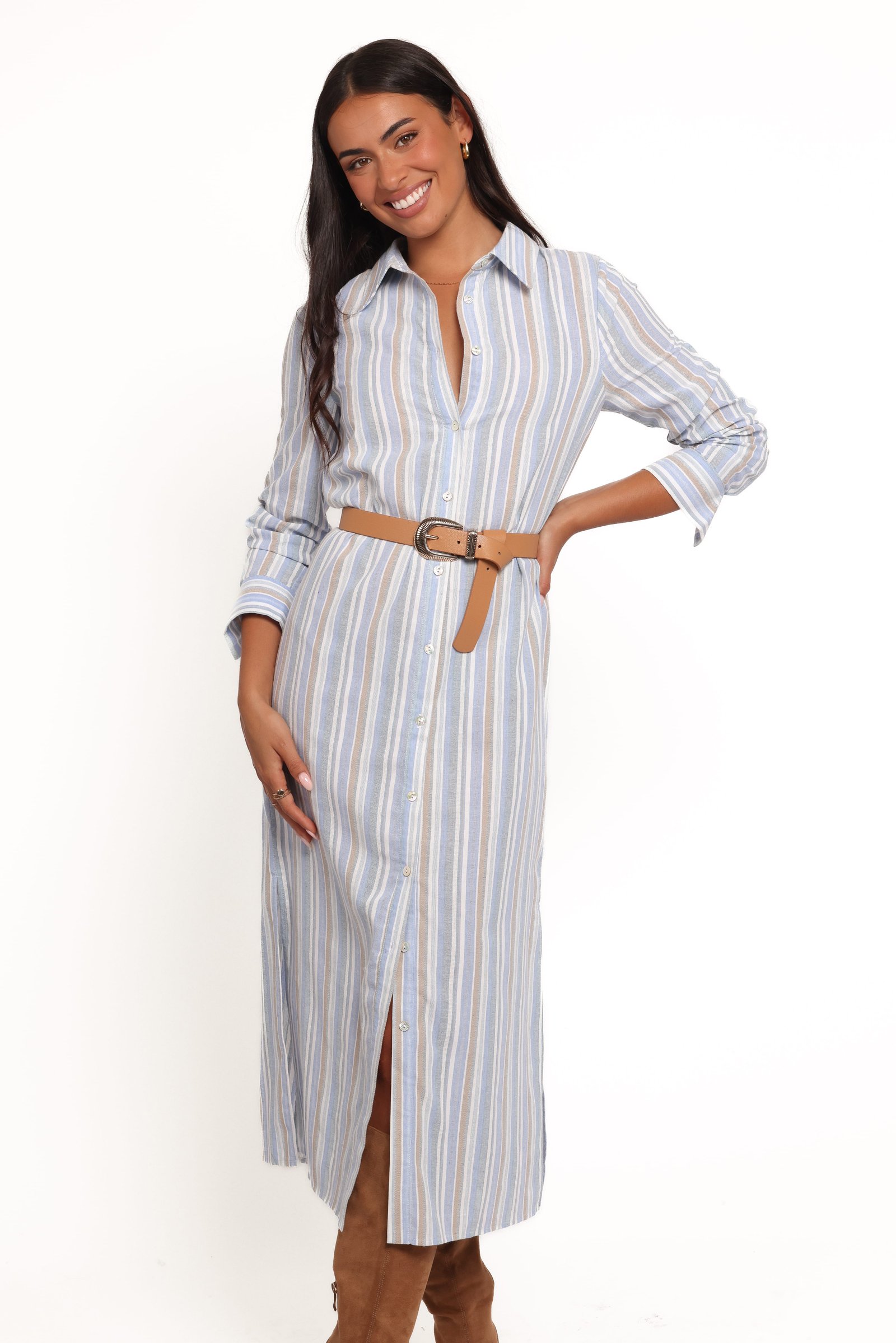 Caprice Long Sleeve Button Down Maxi Dress - Blue Stripe — view 6
