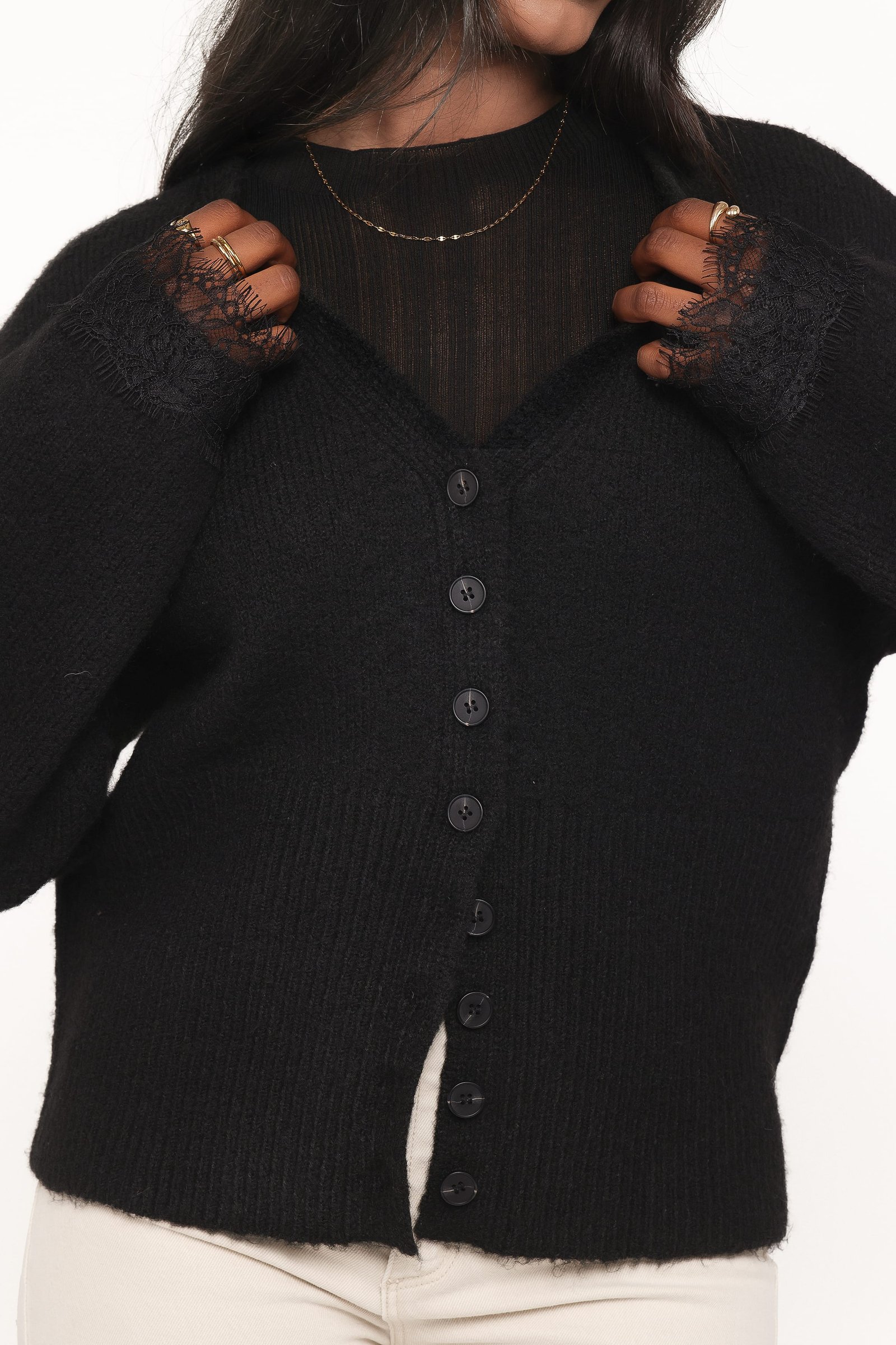 Salome Lace Trimmed Cardigan - Black — view 2