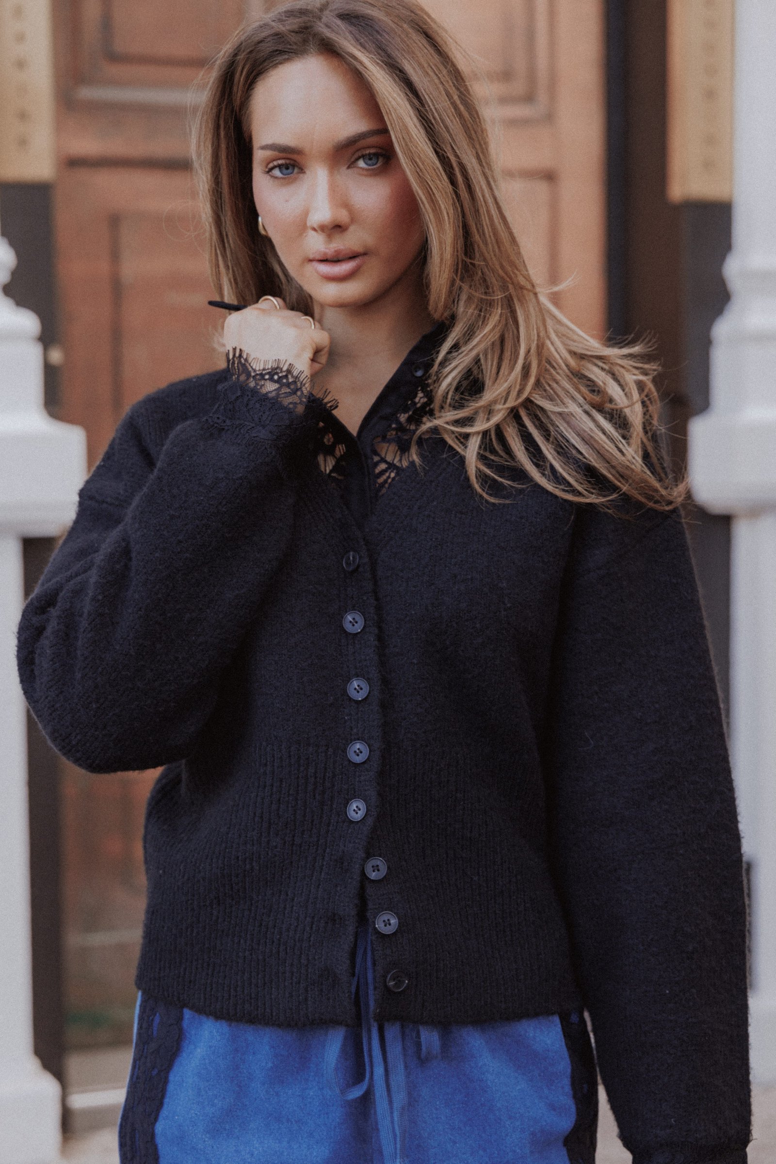 Salome Lace Trimmed Cardigan - Black — view 1