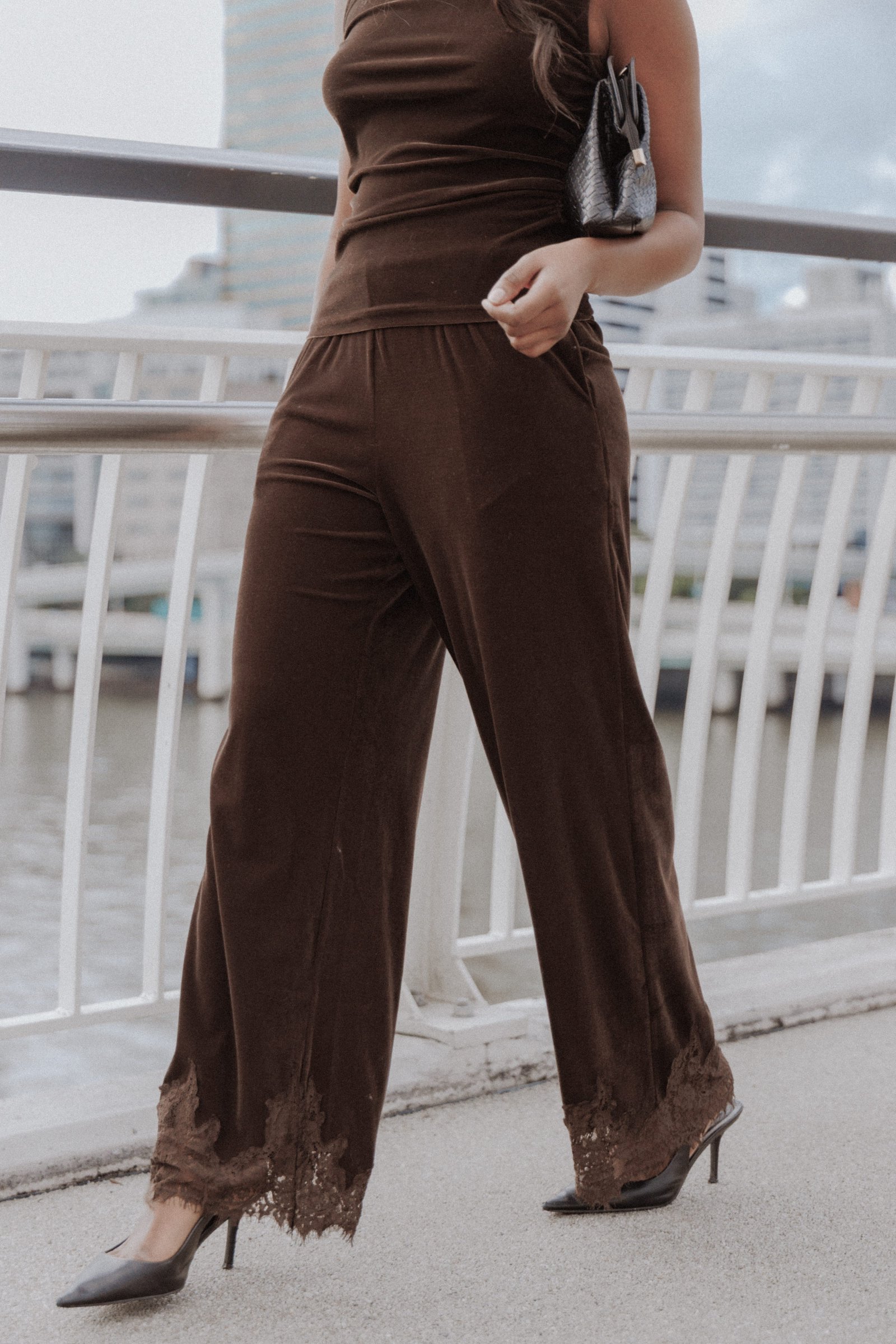 Layton Wide Leg Lace Trim Pants - Chocolate Velvet — view 7