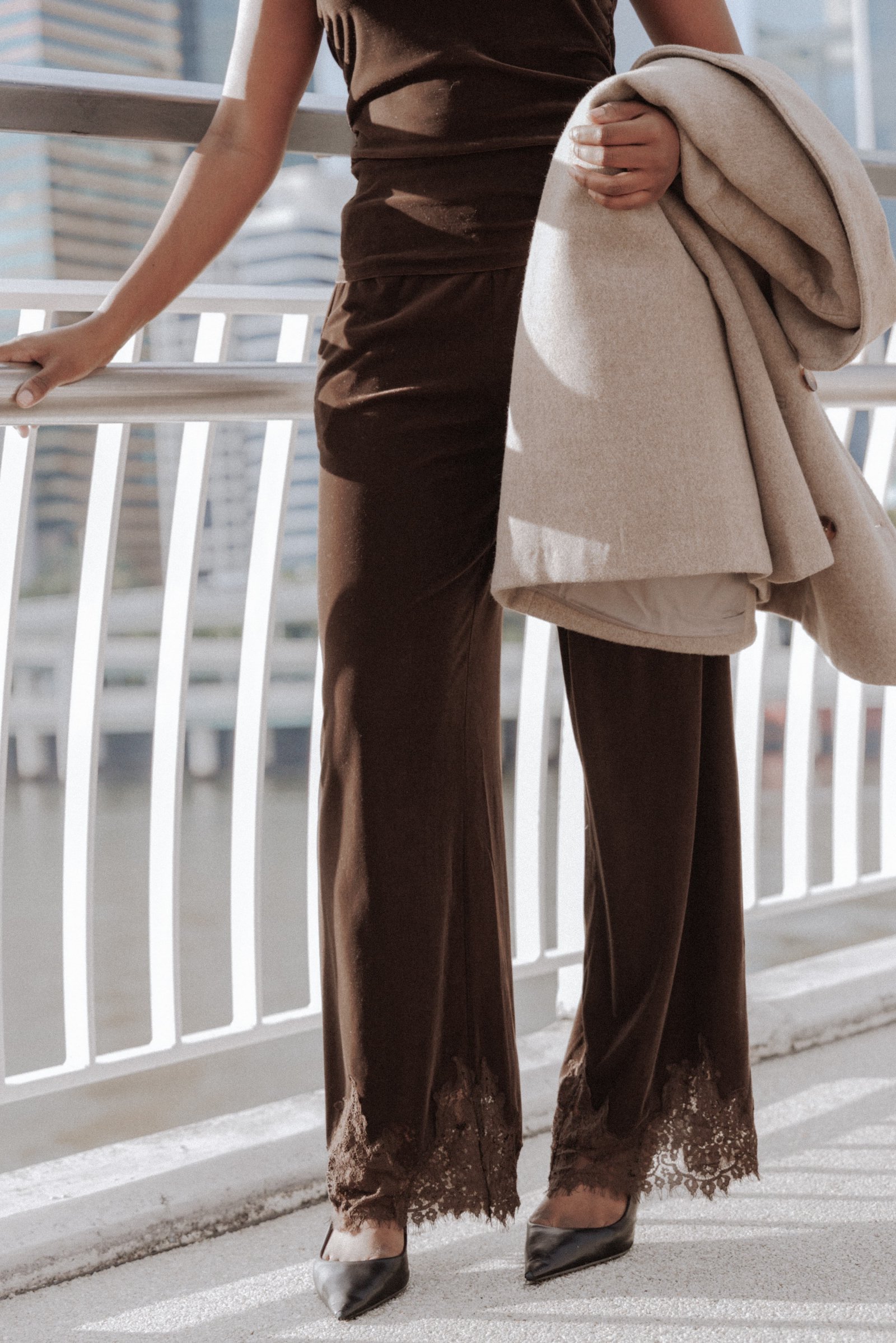 Layton Wide Leg Lace Trim Pants - Chocolate Velvet — view 1