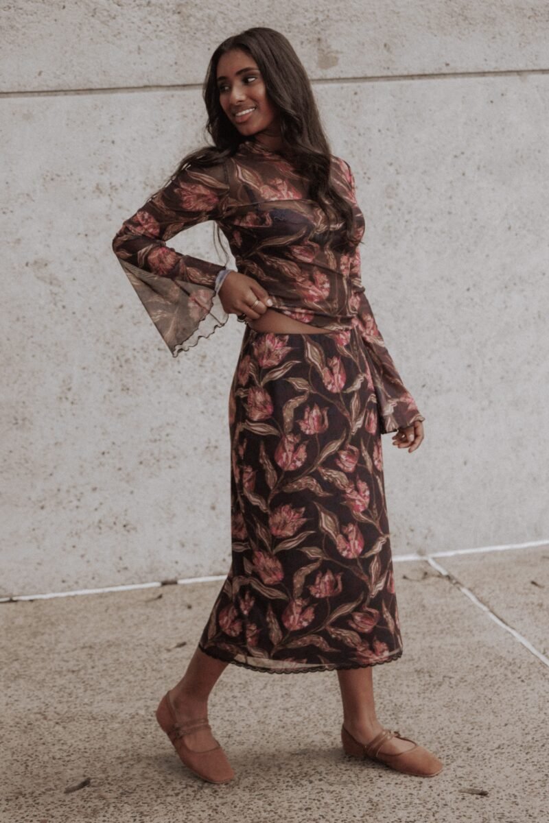 Steele Mesh Skirt Set - Dark Plum Floral — view 1