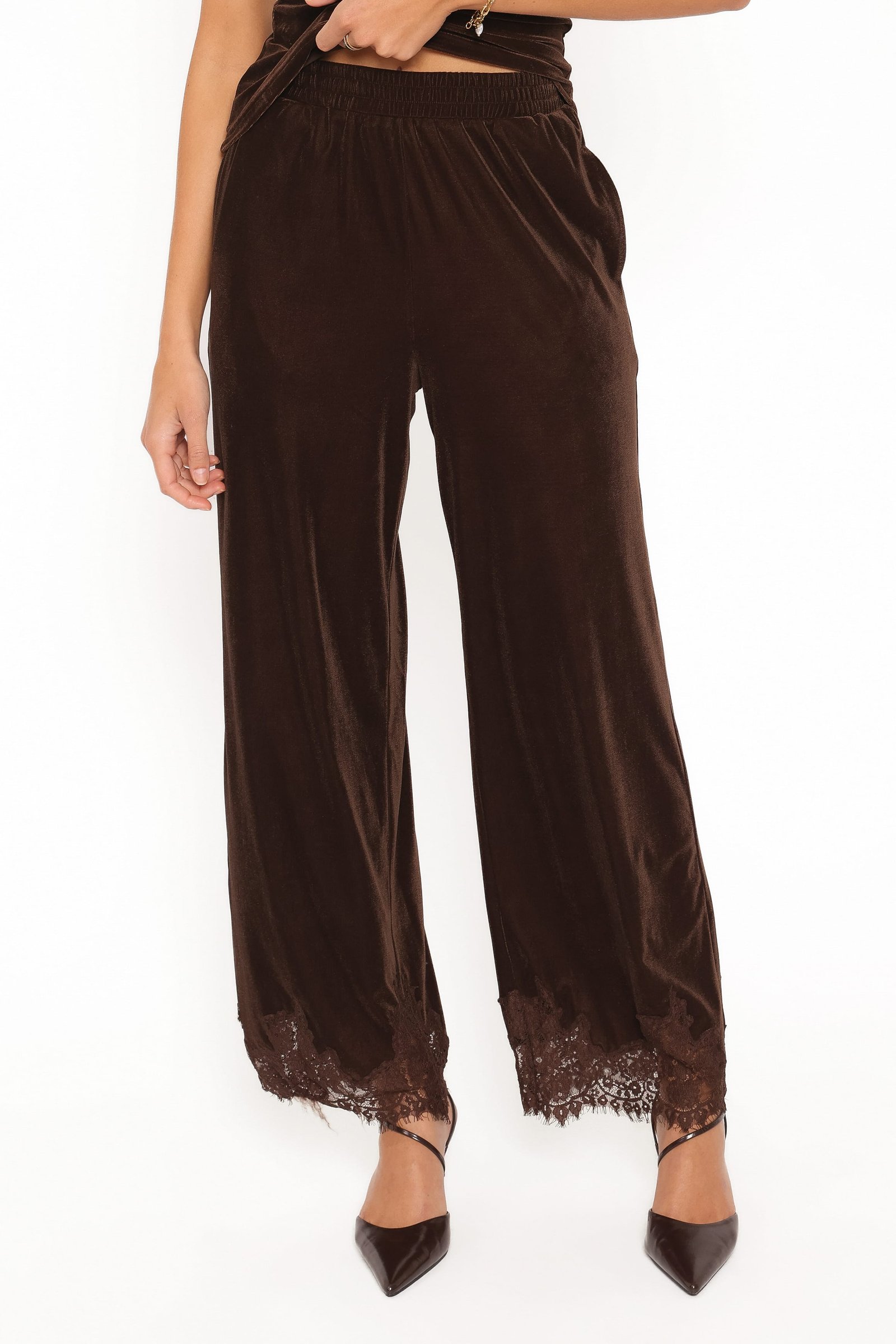 Layton Wide Leg Lace Trim Pants - Chocolate Velvet — view 3