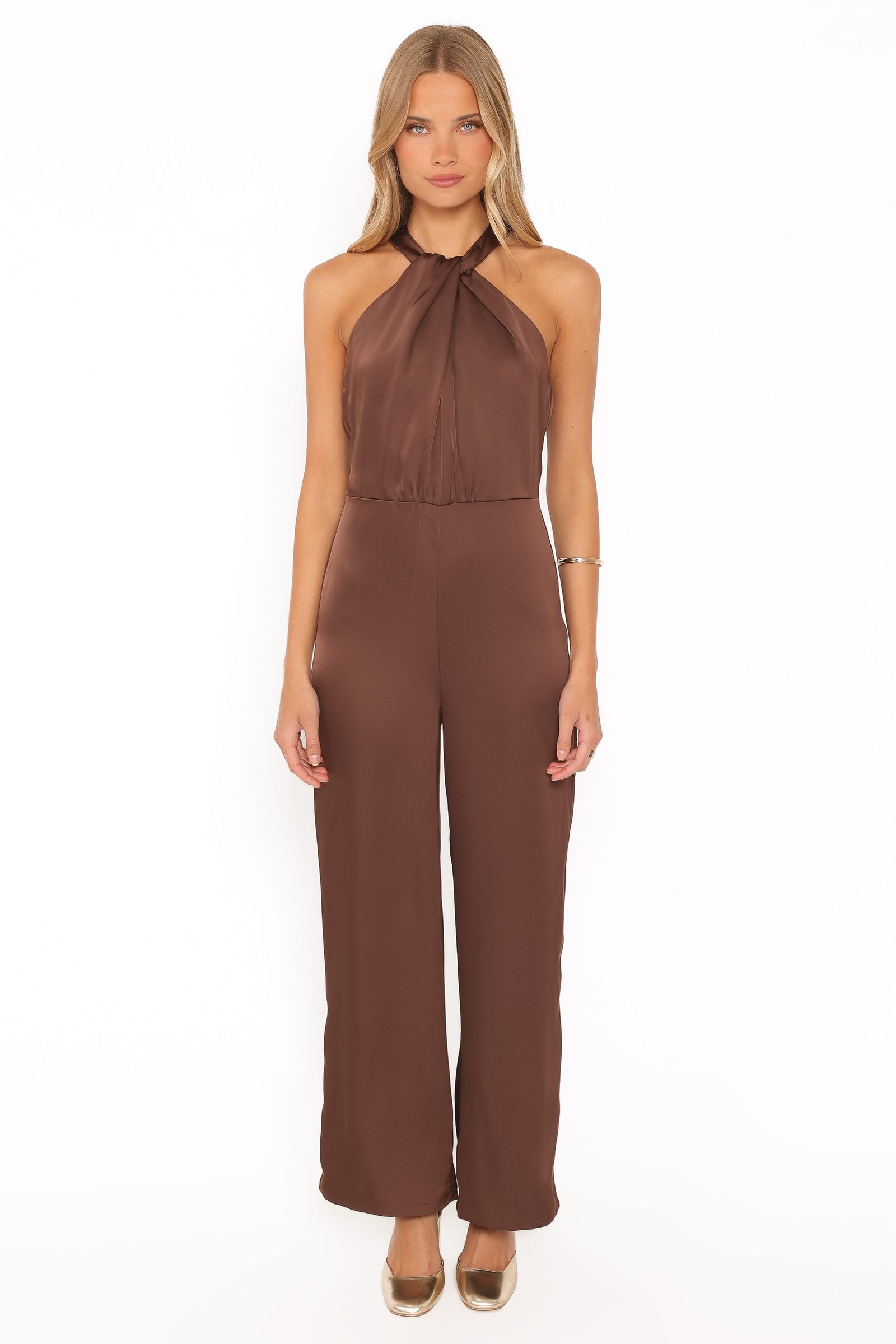 Saskia Halter Neck Satin Jumpsuit - Chocolate Brown — view 6
