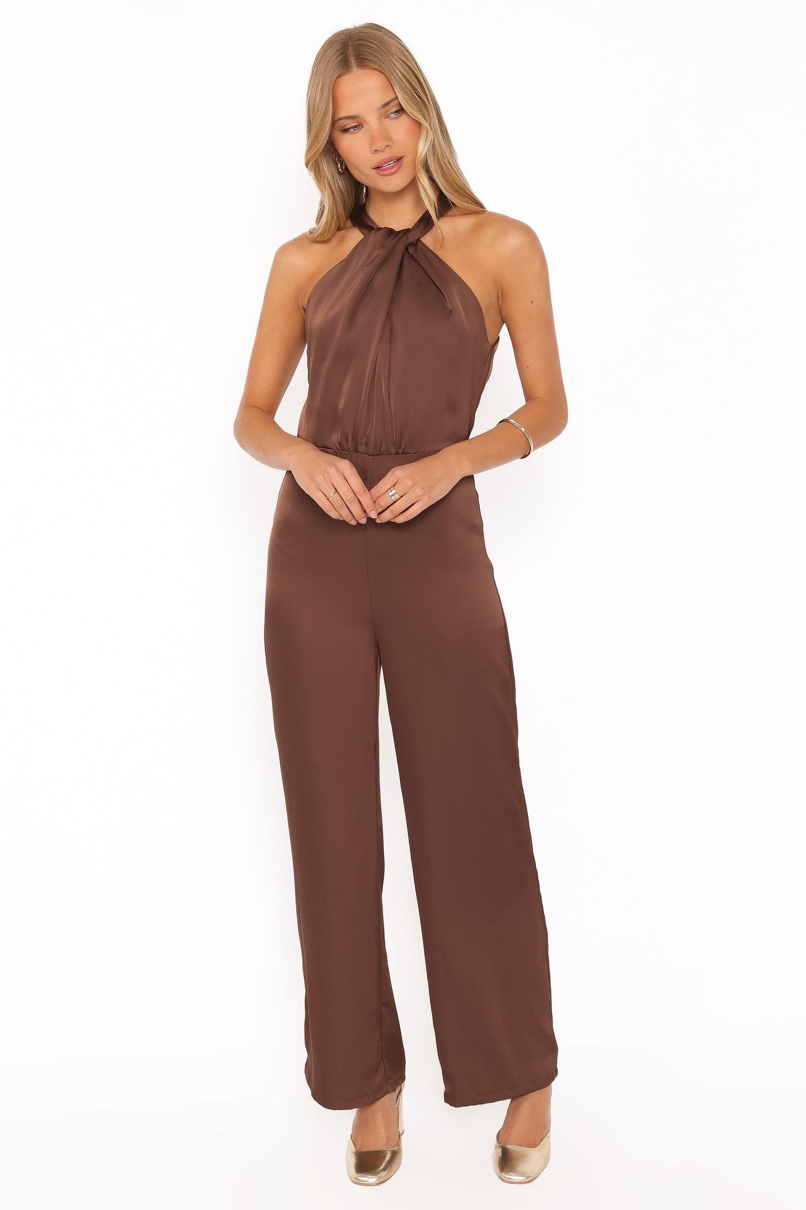 Saskia Halter Neck Satin Jumpsuit - Chocolate Brown — view 2