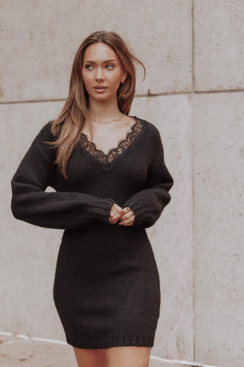 Sharona Lace Trim Knit Mini Dress - Black — view 1